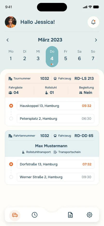 Fahreransicht der Vermo-App mit Tagestouren, Fahrgästen und Abfahrtszeiten